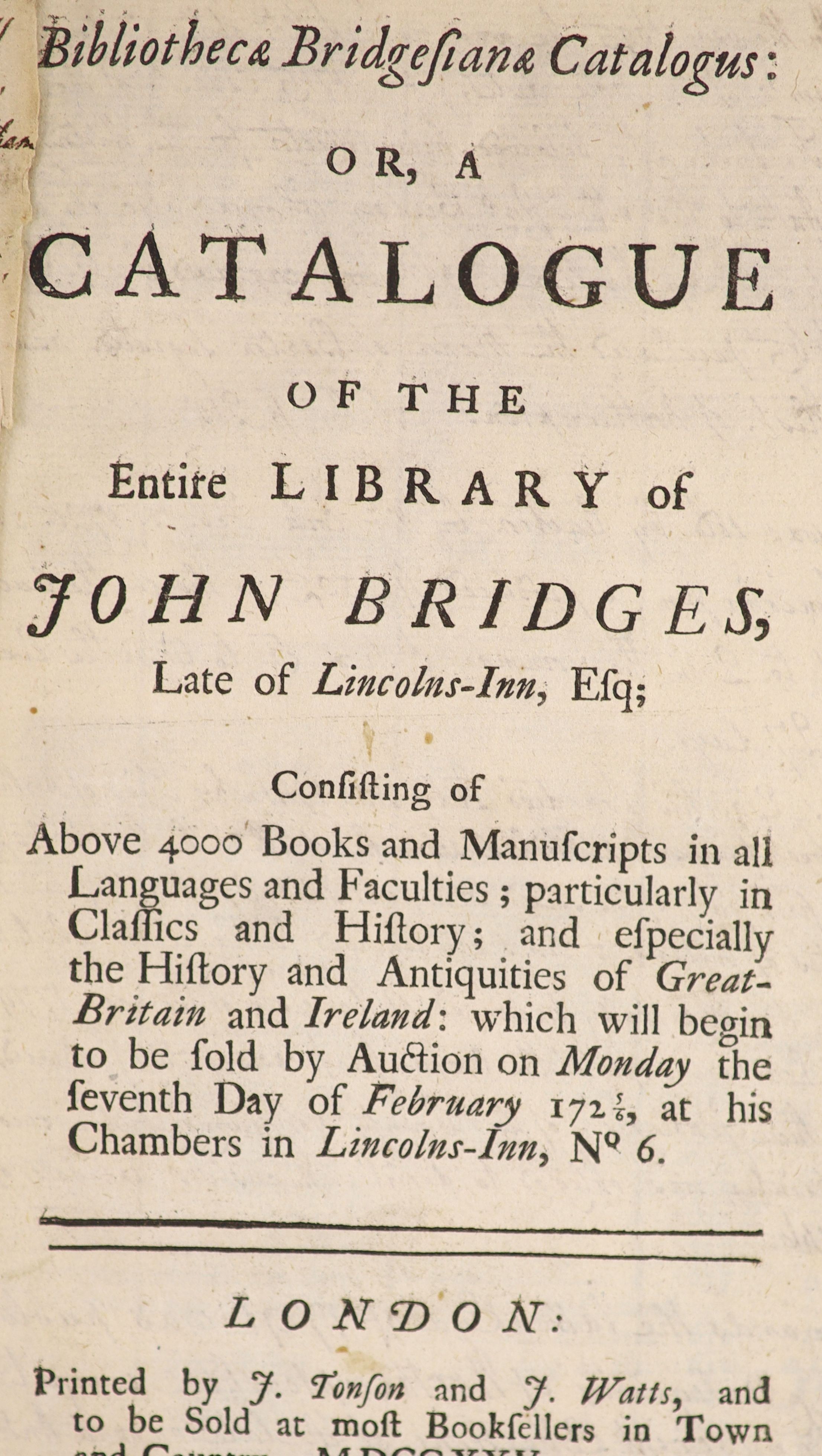[Bolton, Sylvester] A Catalogue of the Genuine, Entire, and Curious Collection of Gold, Silver and Brass Coins, Medals and Medallions, of Sylvester Bolton, Esq;...
